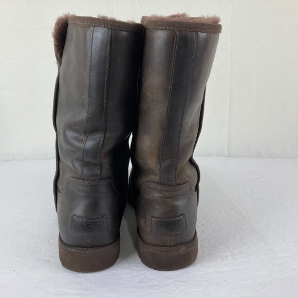 UGG Women Sz 8 Leather Shearling Lined Brown Mid Calf Boots Fall Winter Pull On - Picture 4 of 8